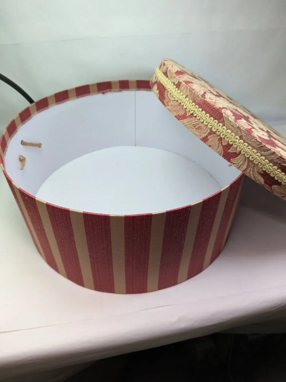 Vintage Red Fabric Covered Round Hat Box Padded Damask Lid Striped Storage 16